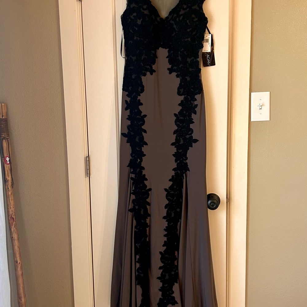 Betsy & Adam Black and lavender Lace Maxi Dress